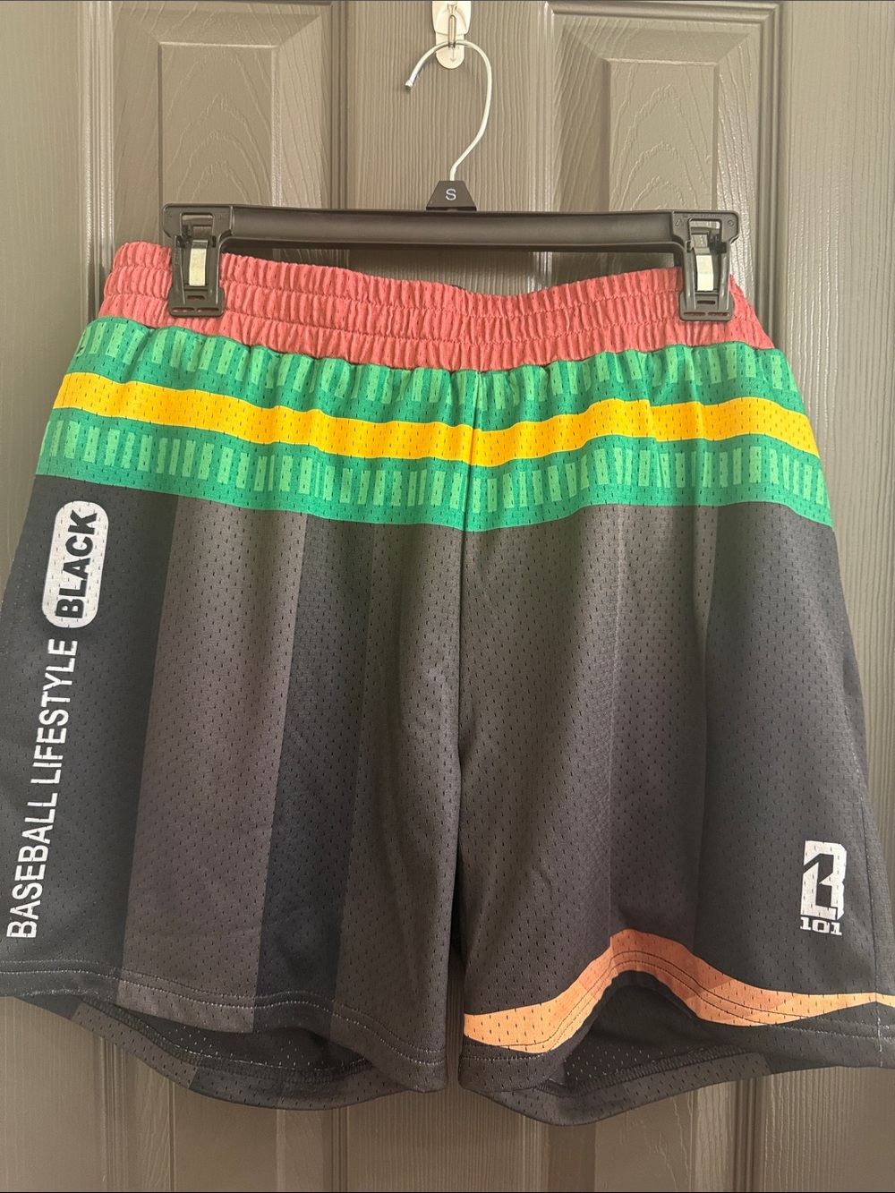 Men's Black Athletic Shorts with Multicolor Stripe Waistband